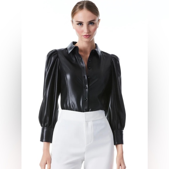 Alice+Olivia vegan leather puff sleeve blouse with a collar XS